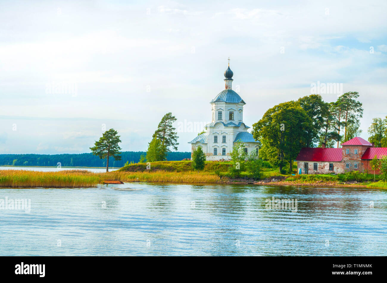 Travel landscape. Exaltation of the Cross church at the Lake Seliger in Russia, Tver region Stock Photo