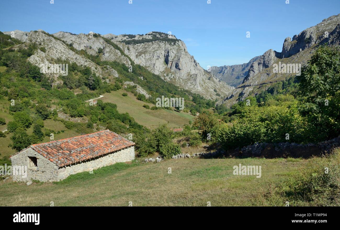 Traditional livestock barn or 'majada', Invernales del Texu, Rio Duje Valley, near Sotres, Picos de Europa, Asturias, Spain, August. Stock Photo