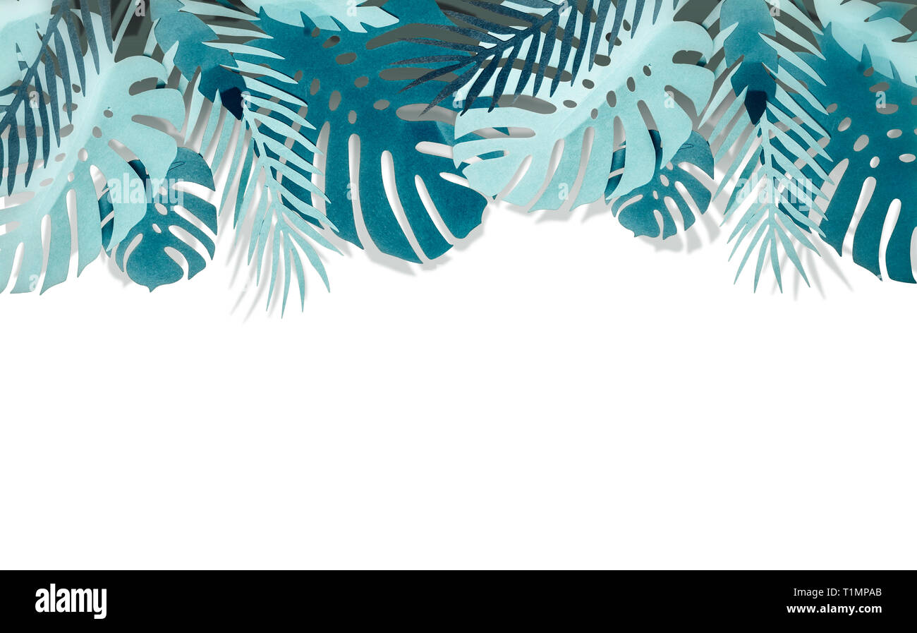 Various paper turquoise blue tropical leaves border with shadow