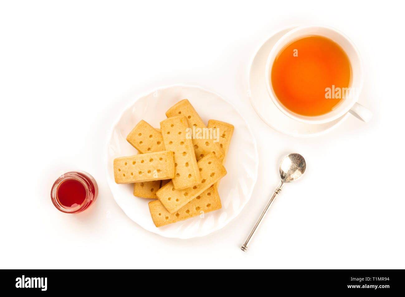 Scottish shortbread butter cookies, shot from above on a white