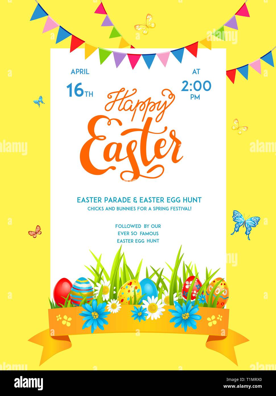 Bright Easter eggs on a grass. Easter holiday design for card, banner, ticket, leaflet, poster and so on. Template with space for text. Stock Vector