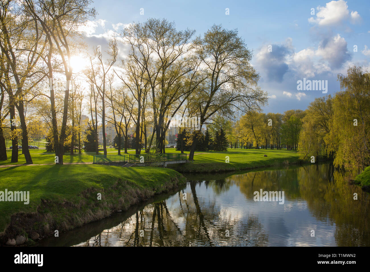 Green park and Svisloch river in Minsk city center, Belarus Stock Photo