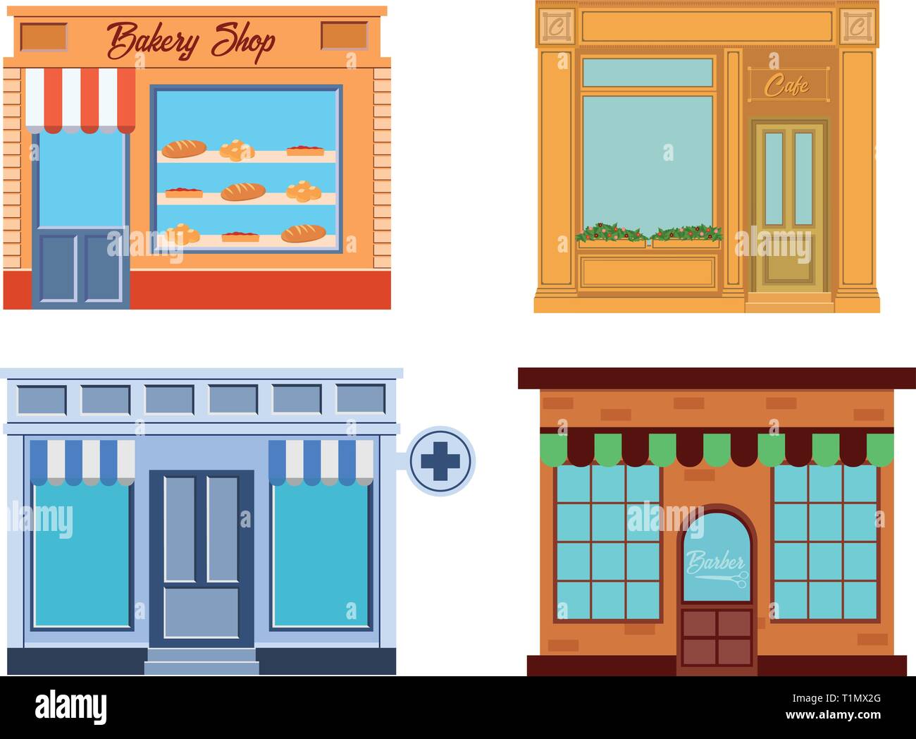 Vector modern cafe, bakery, drugstore and detailed facade in flat style. Vector