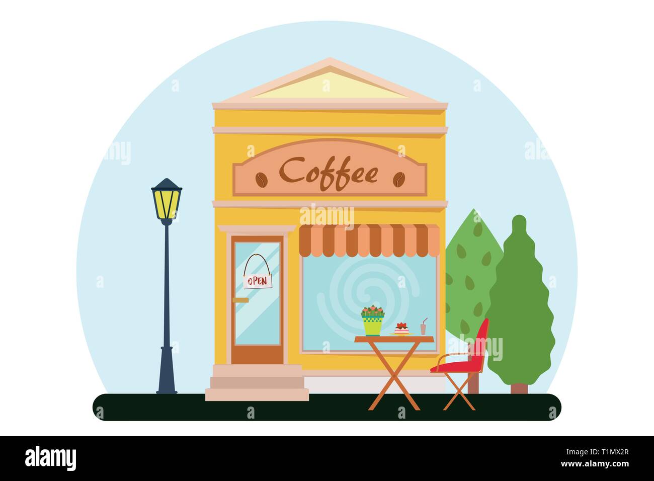 Vector modern cafe detailed facade in flat style. Vector illustration. Stock Vector