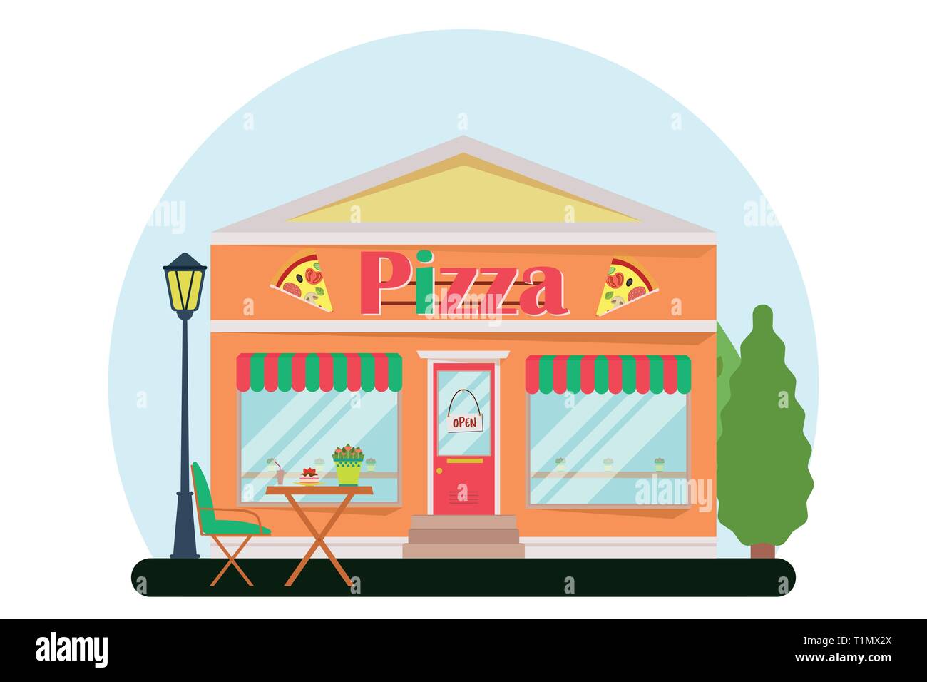 Vector modern pizza cafe detailed facade in flat style. Vector illustration. Stock Vector