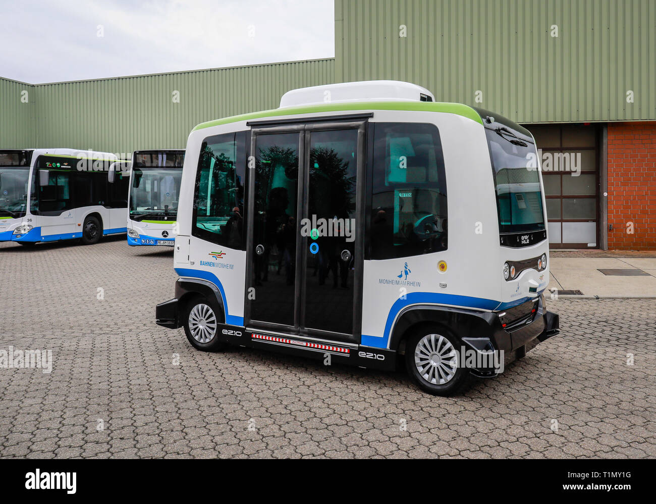 Monheim, North Rhine-Westphalia, Germany - Presentation of the autonomous electric bus in regular service, model EZ10 of the company Easymile, at the Stock Photo