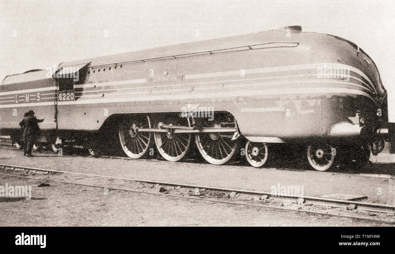 The L.M.S. 4-6-2 streamlined locomotive 'Coronation'.   These high speed locomotives were built to haul the 'Coronation Scot' which covered the 401 miles from Euston to Glasgow in 6.5 hours. They were named to celebrate the Coronation of George VI.  From The Coronation in Pictures, published 1937. Stock Photo