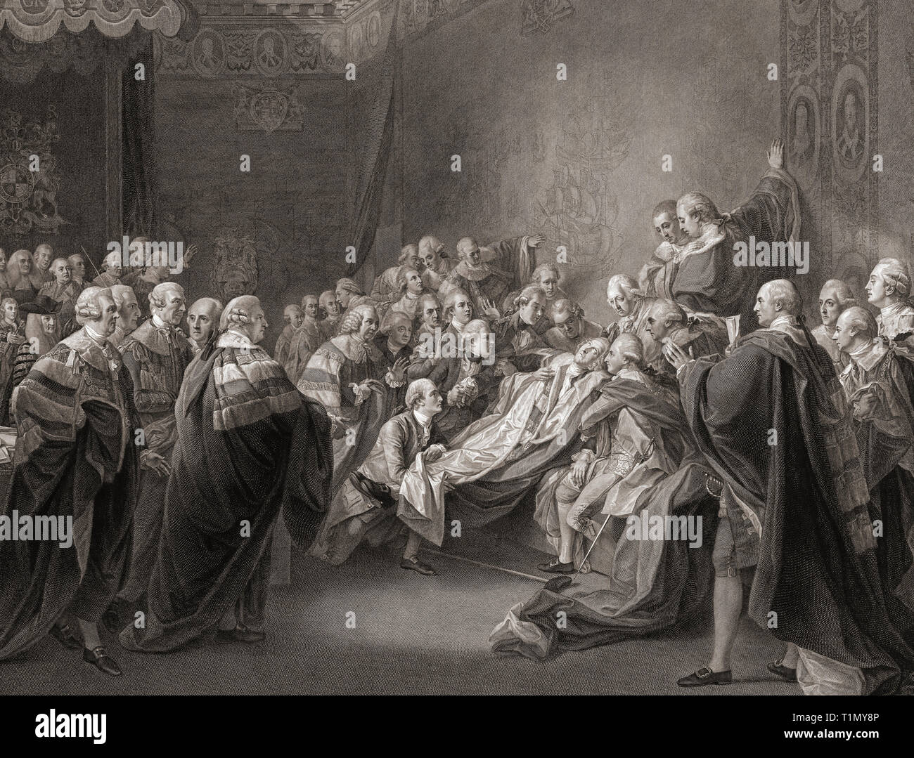 The Death of the Earl of Chatham, after a painting by John Singleton Copley.  William Pitt, 1st Earl of Chatham, British statesman and Prime Minister.  In fact, Pitt did not die in the House of Lords.  He collapsed there on April 7, 1778 and died in Hayes, Kent, May 11 1778. Stock Photo