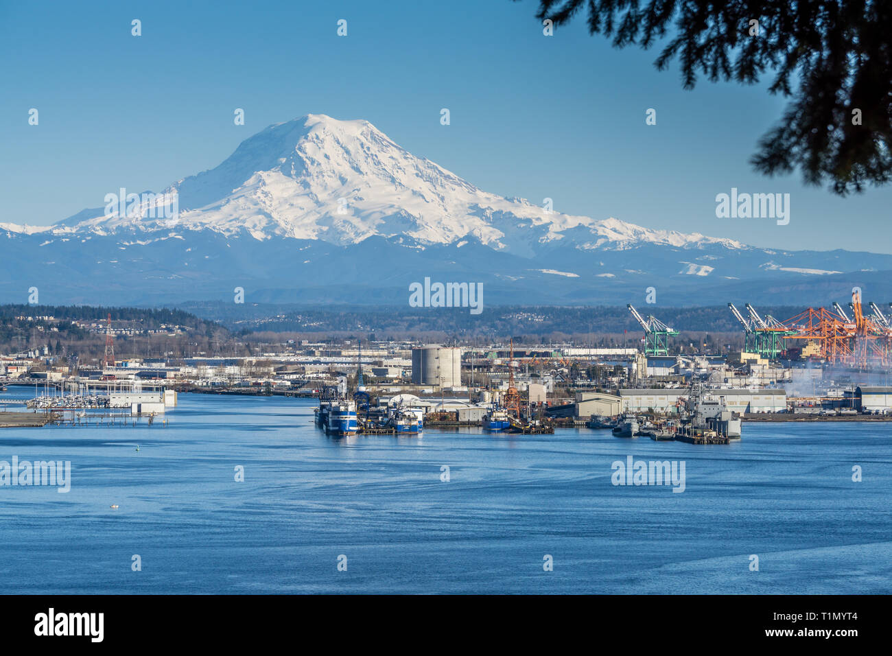 A view of the Port of Tacoma and Mount Rainier Stock Photo - Alamy