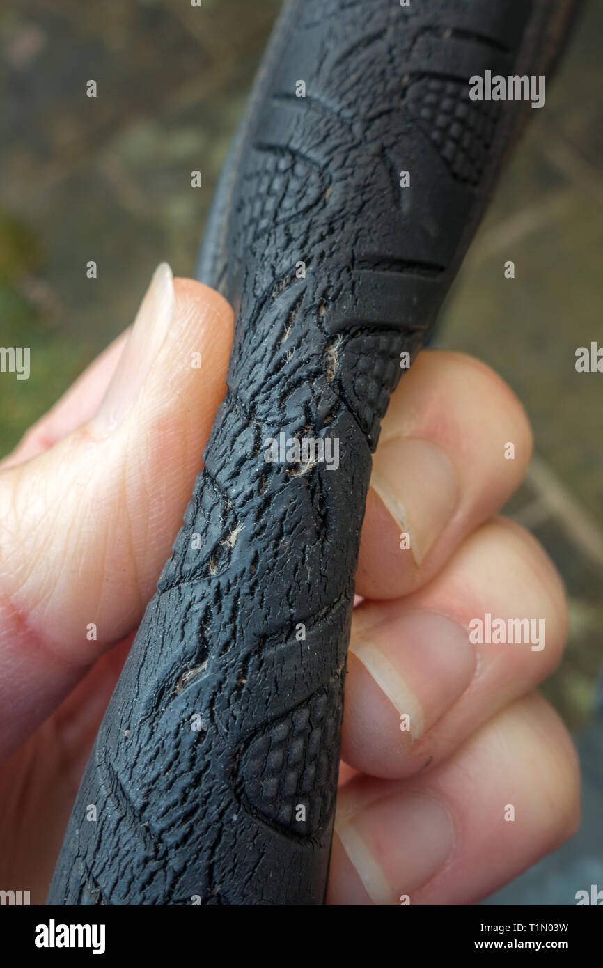 Woman's hand holding a disintegrated four seasons winter tyre for a road bike Stock Photo