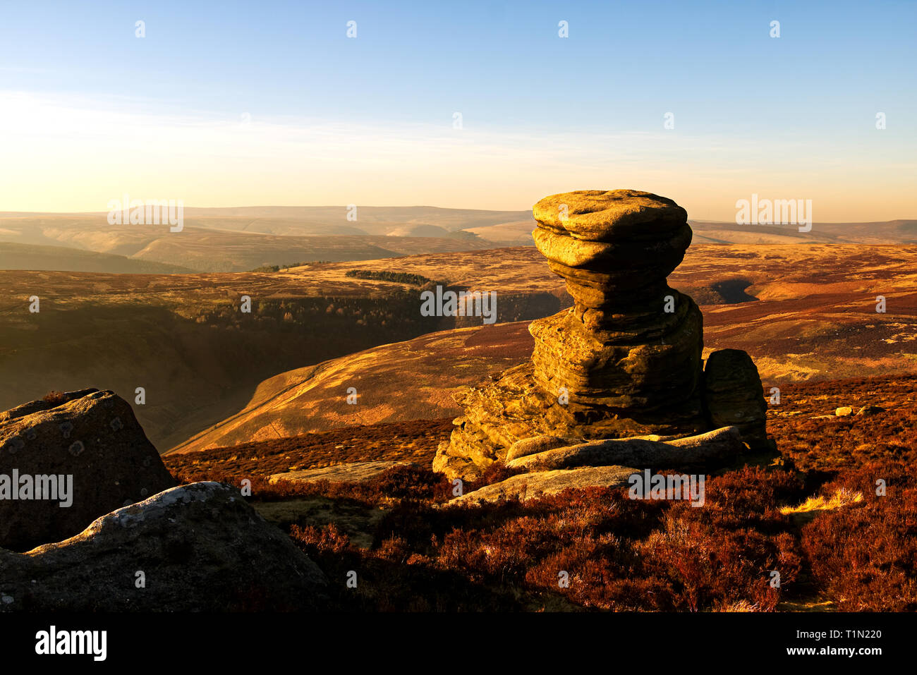 Sunset at Salt Cellar, a strange rock formation high up on Derwent Edge in the English Peak