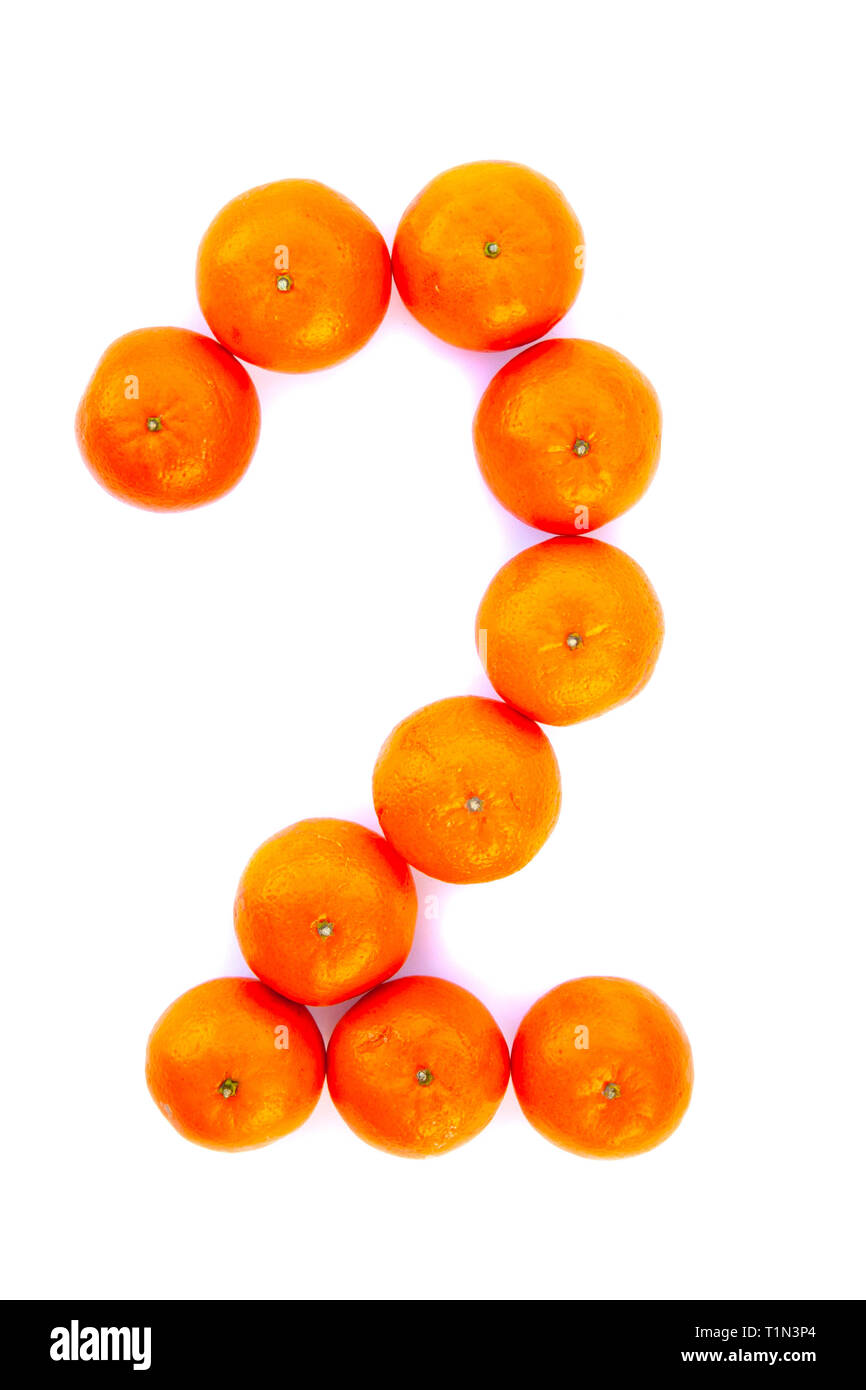 Number solved with tangerines isolated on white background. Mandarine