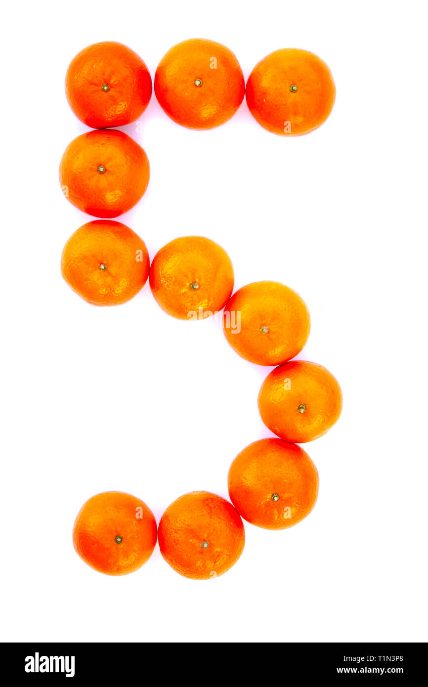 Number solved with tangerines isolated on white background. Mandarine