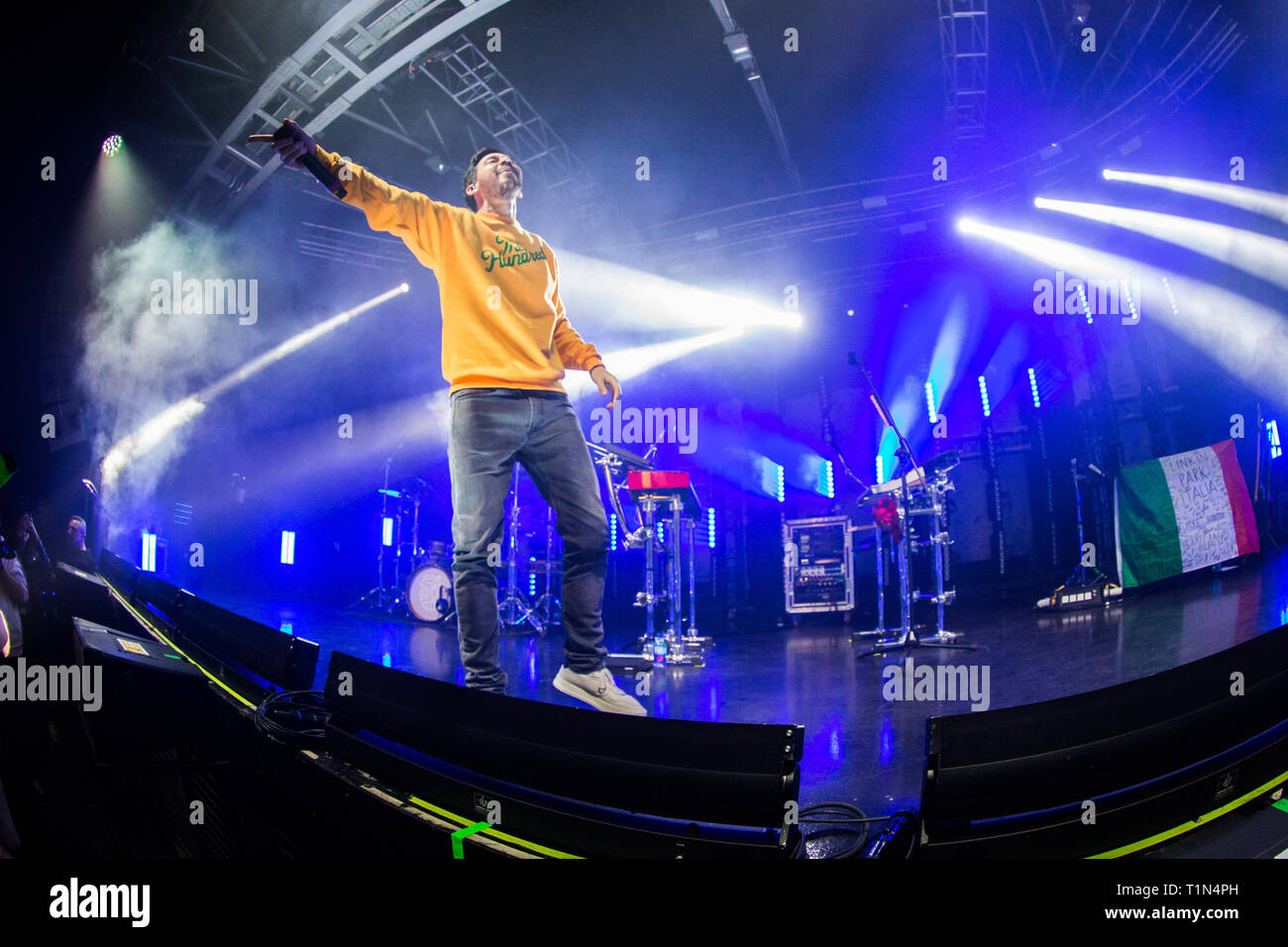 Milan Italy. 14 March 2019. The American musician and rapper MIKE SHINODA performs live on stage at Fabrique during the 'Post Traumatic Tour'. Stock Photo