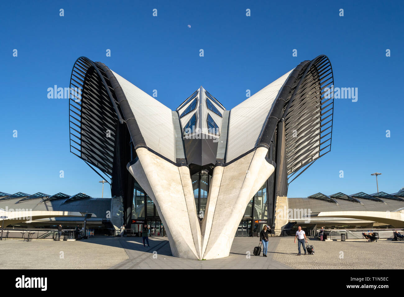 Lyon, France - 16 March 2019: Frontal, symmetrical view of the TGV station designed by Santiago Calatrava, at Lyon Saint Exupery airport. The construc Stock Photo