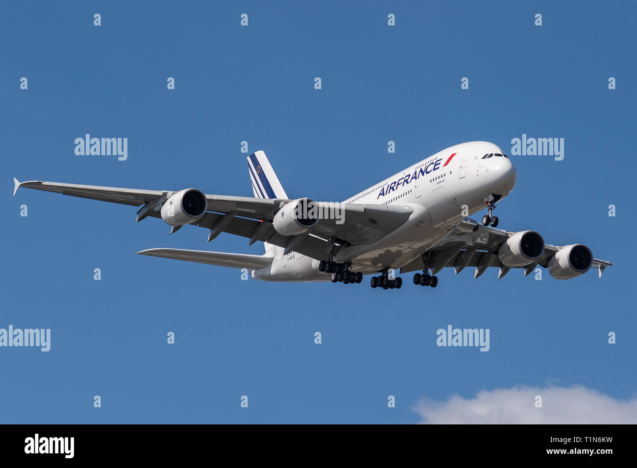 F-HPJE, Airbus A380-861-052, March 26, 2019 landing on the runways of Paris Roissy Charles de Gaulle Airport at the end of flight Air France AF179 com Stock Photo