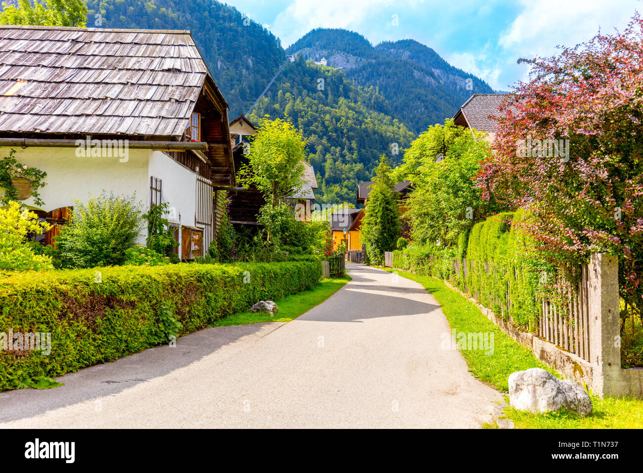 Beautiful small european town villadge in Mountains, street and houses, Alps, Hallstatt, Austria, Europe Stock Photo