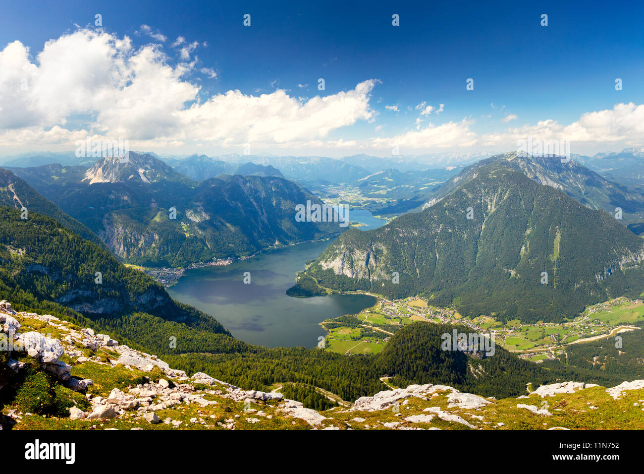 Amazing Aerial view of Alps mountain valley with beautiful lake and peaks, Europe. Stock Photo