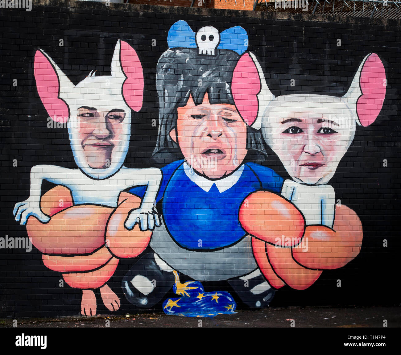 DUP leader Arlene Foster (left) and Sinn Fein deputy leader Michelle O'Neill (right) depicted as Pinky and the Brain, the genius mouse and his stupid sidekick who try to conquer the world each night, being held by Prime Minister Theresa May as Elmyra Duff, in a mural painted by artists Mark Ervine and Paul Doran on BelfastÕs peace line. Stock Photo