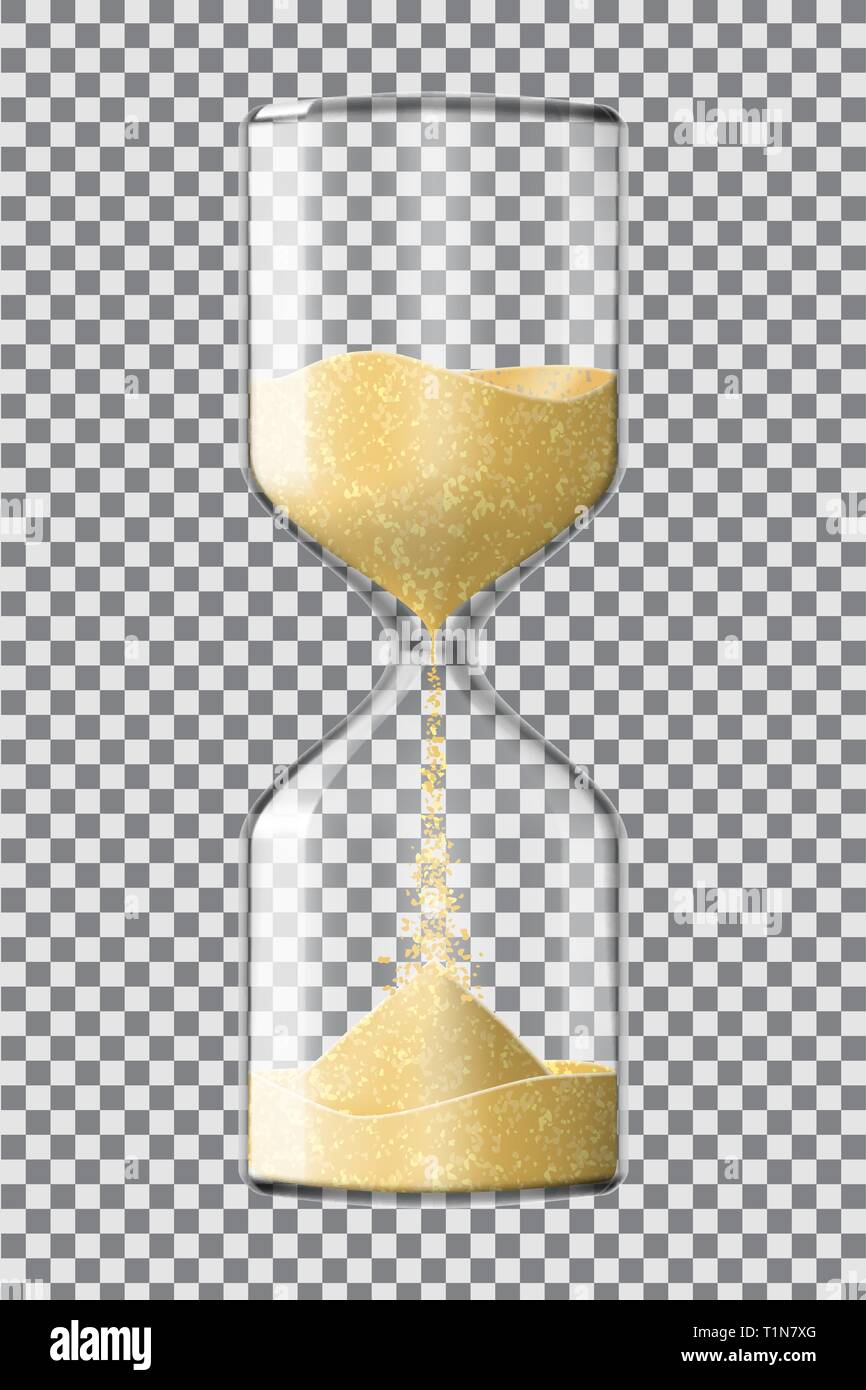 Realistic hourglass clock made of glass with yellow sand running down, on transparent background. Vector illustration. Stock Vector