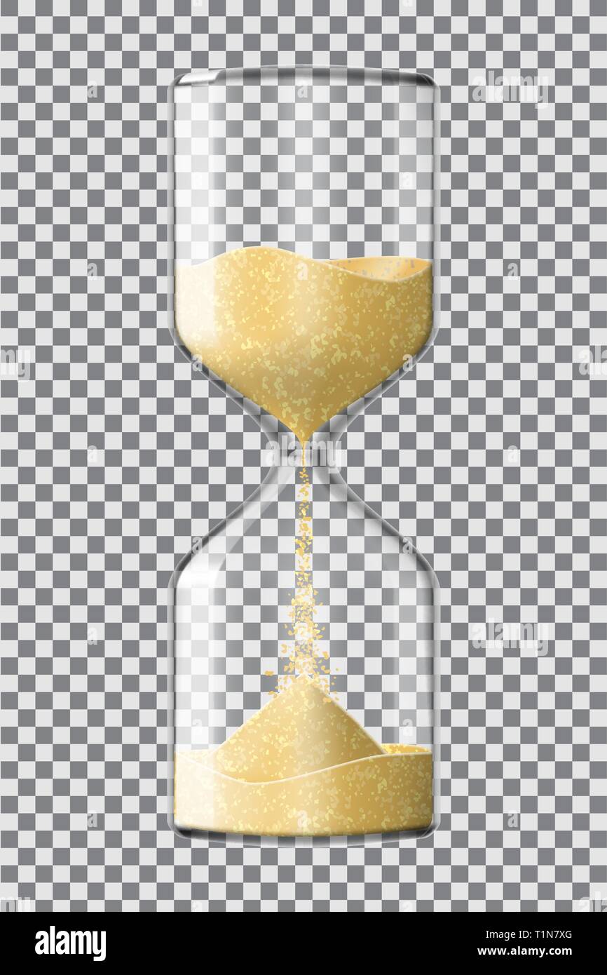 Realistic hourglass clock made of glass with yellow sand running down ...