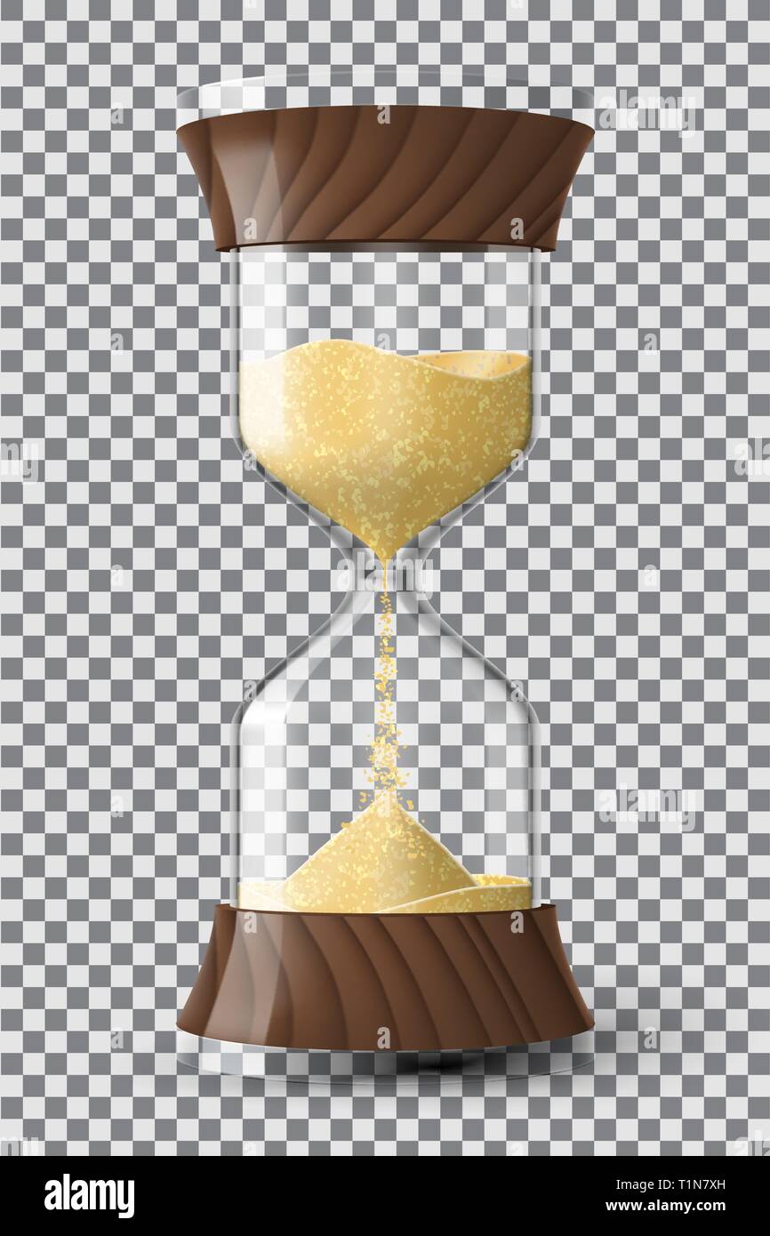 Realistic hourglass clock made of glass, wood and golden metal with ...