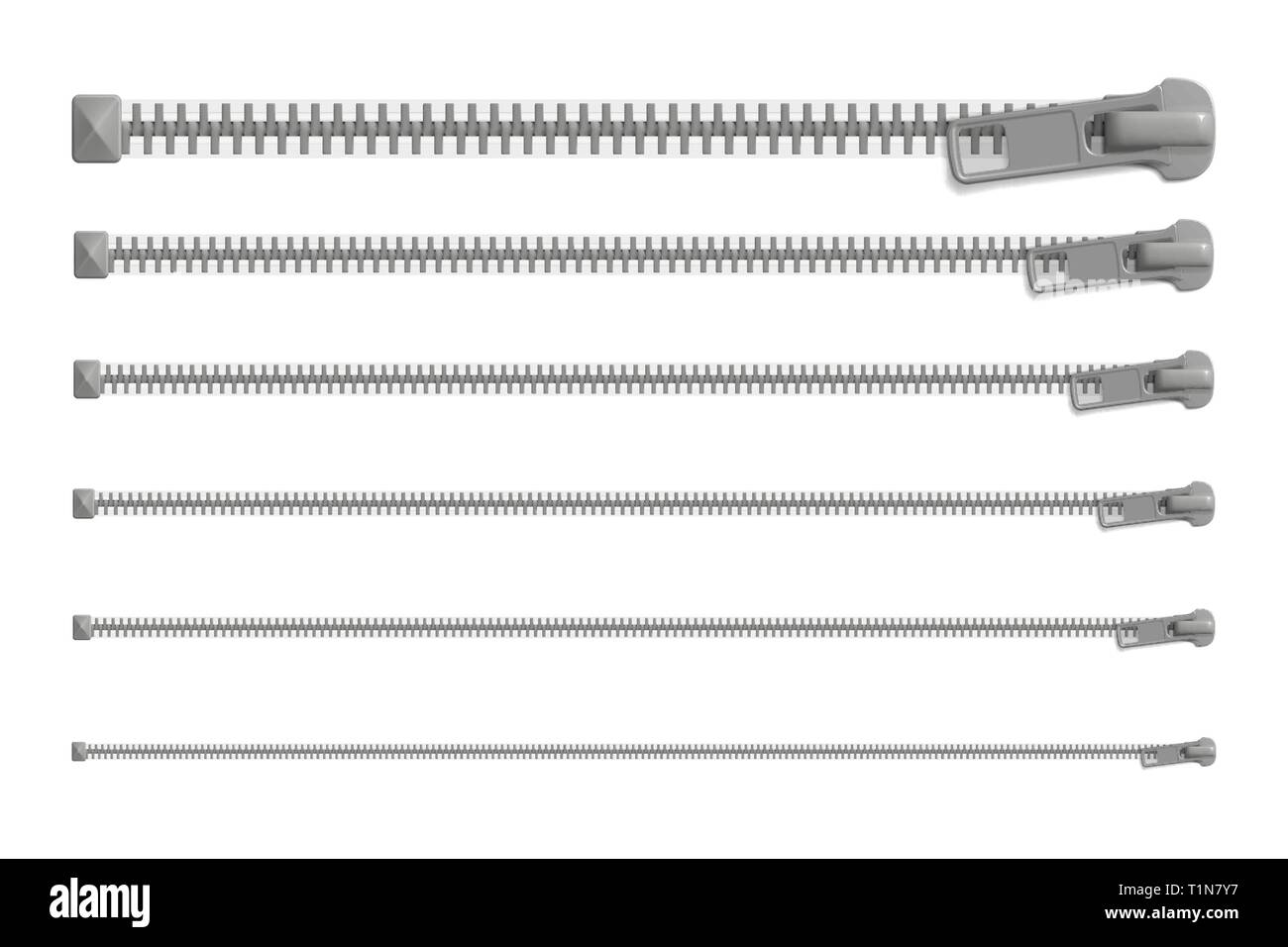 Set of closed zipper locks with different sizes, blank mockup. Realistic vector illustration Stock Vector