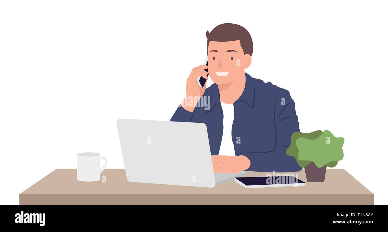 Cartoon people character design young man working on laptop and talking on  the mobile phone while sitting by the desk in the office. Ideal for both pr  Stock Vector Image & Art -