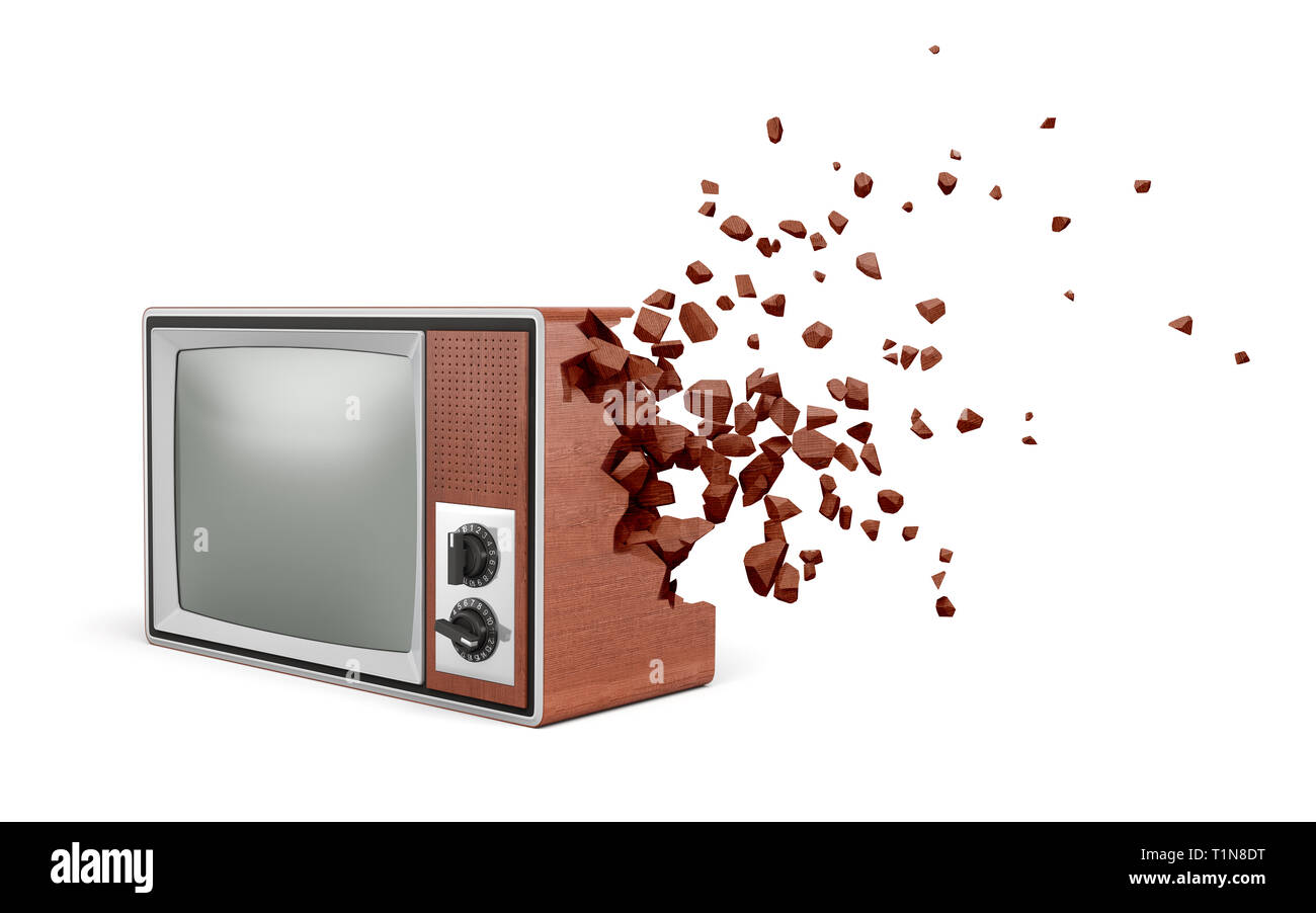 3d rendering of a vintage tv set shattering into small pieces on white background Stock Photo