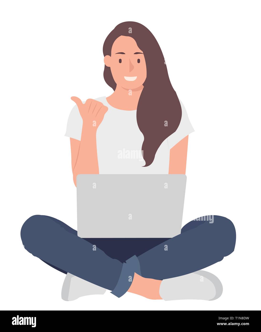 Cartoon people character design woman working on laptop while sitting on the floor with crossed legs and point finger away. Ideal for both print and w Stock Vector
