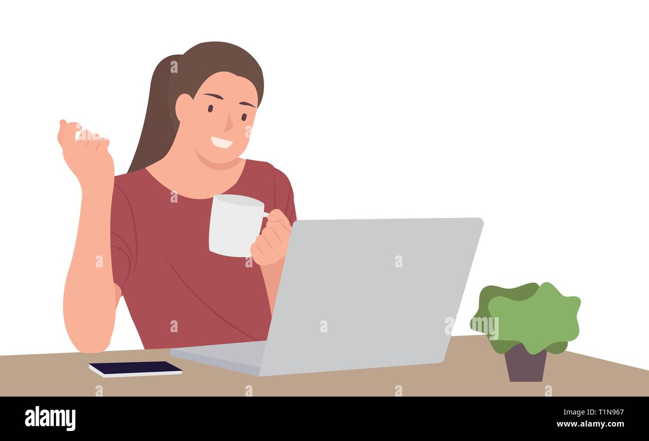 Cartoon people character design young woman holding coffee cup sitting in front of desk using laptop. Ideal for both print and web design. Stock Vector