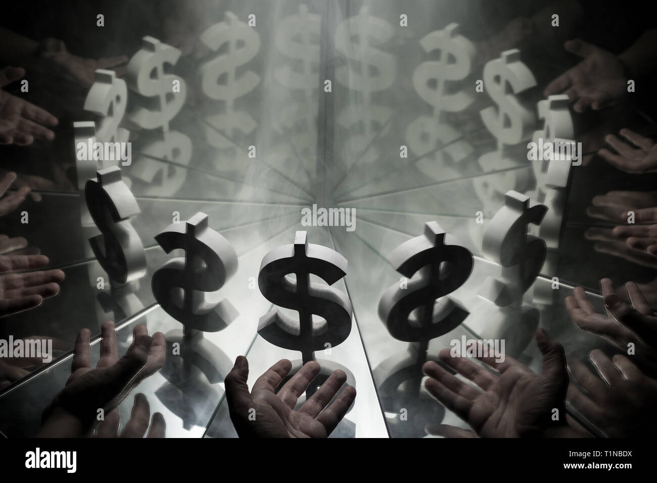 Hands Reaching for US Dollar Currency Symbol on Mirror Covered In Smoke With many Reflections of Itself Stock Photo