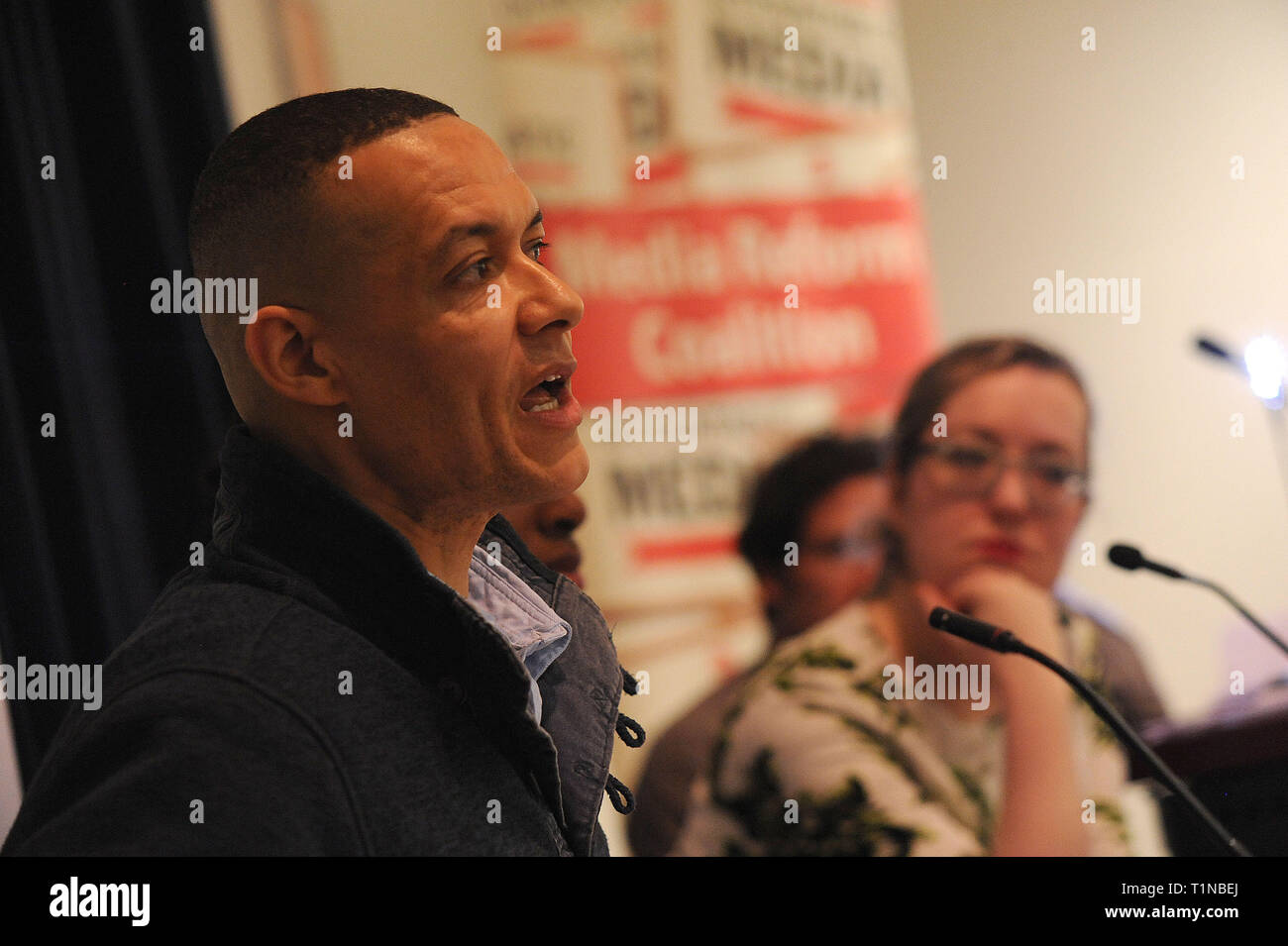 London, England. 16th March, 2019. Clive Lewis, Labour MP and Shadow Treasury Minister for Sustainable Economics, speaking during the closing plenary, Stock Photo