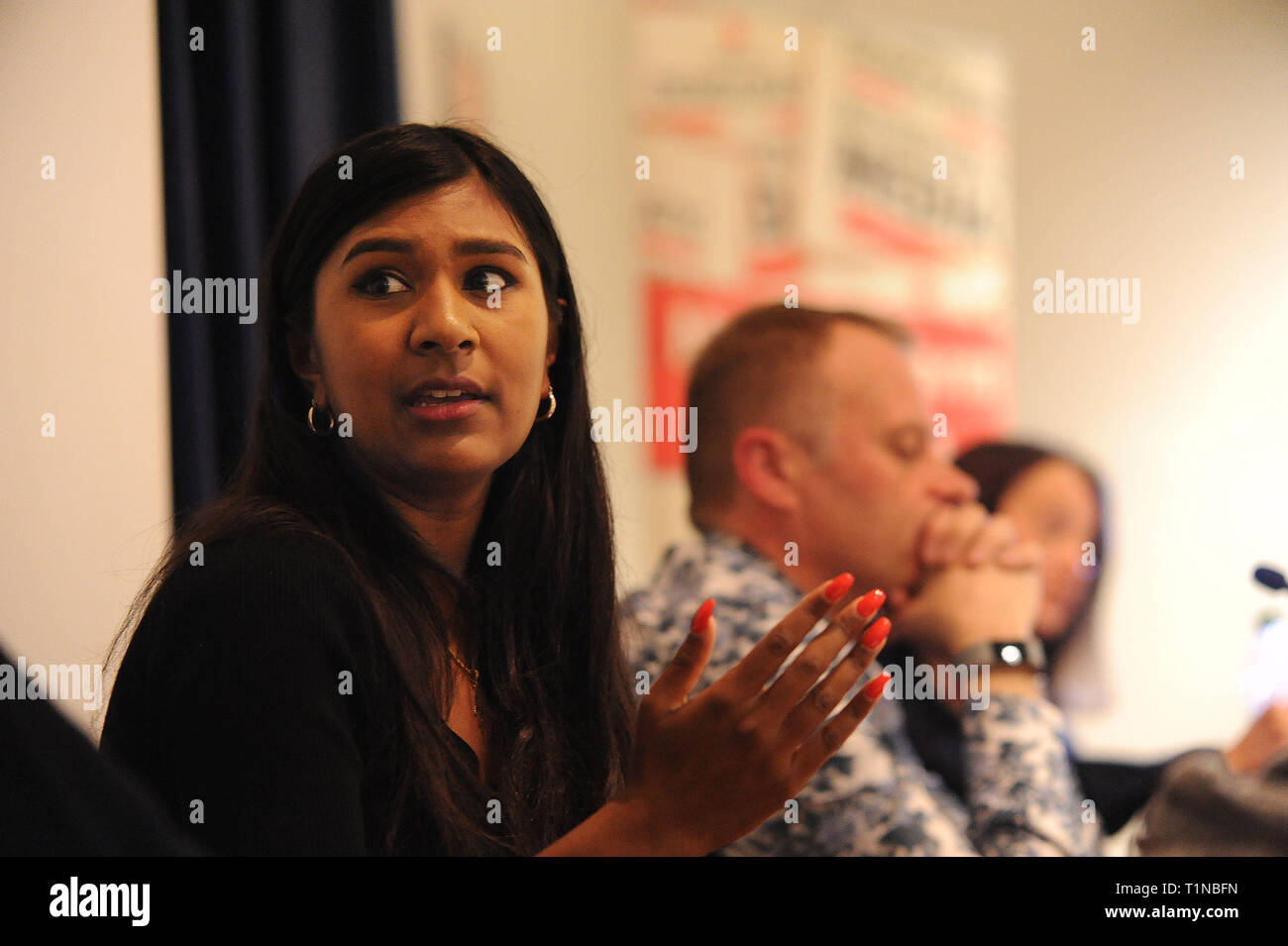 London, England. 16th March, 2019. Ash Sarkar, senior editor at Novara Media, writer, broadcaster, journalist and lecturer, speaking during the sessio Stock Photo