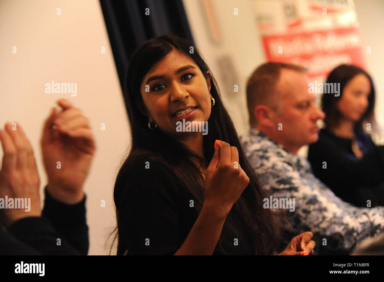 London, England. 16th March, 2019. Ash Sarkar, senior editor at Novara Media, writer, broadcaster, journalist and lecturer, speaking during session, ' Stock Photo