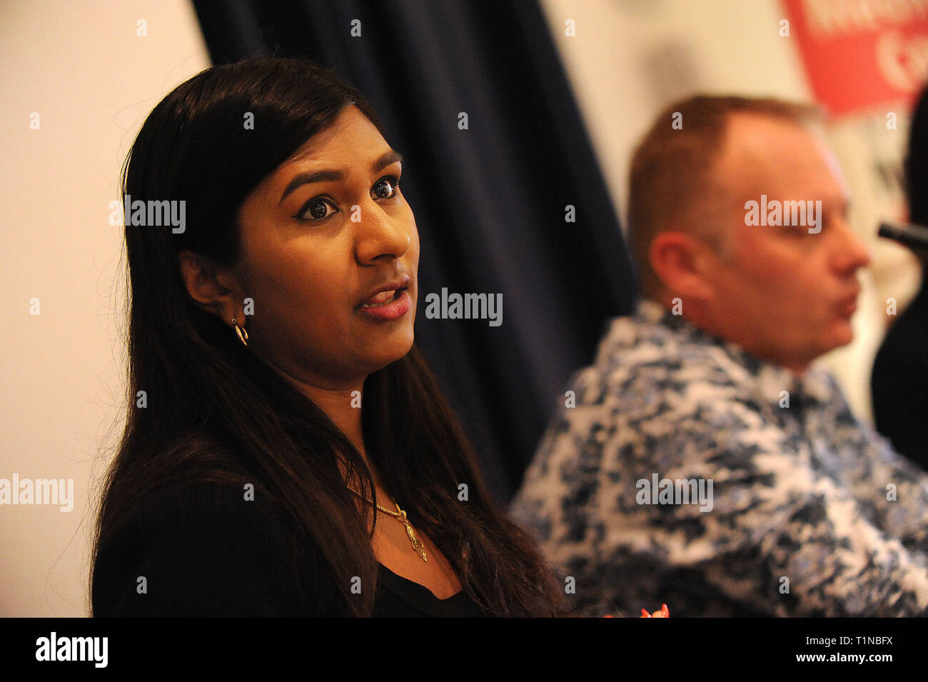 London, England. 16th March, 2019. Ash Sarkar, senior editor at Novara Media, writer, broadcaster, journalist and lecturer, speaking during session, ' Stock Photo