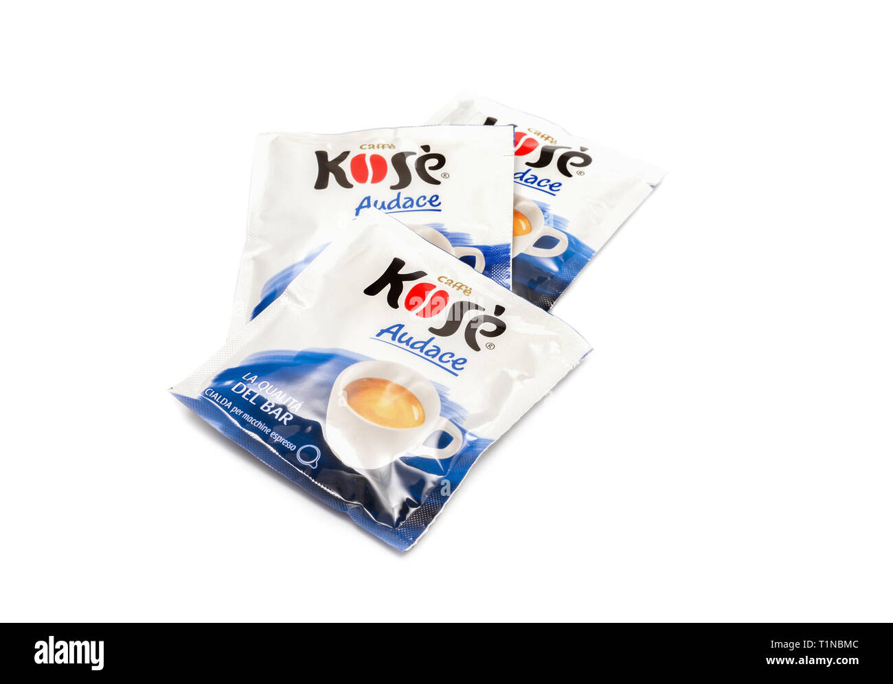 Naples, Italy - 21 march, 2019: packaging Caffè Kosè and coffee beanswhich was launched on the market in 1991 Stock Photo