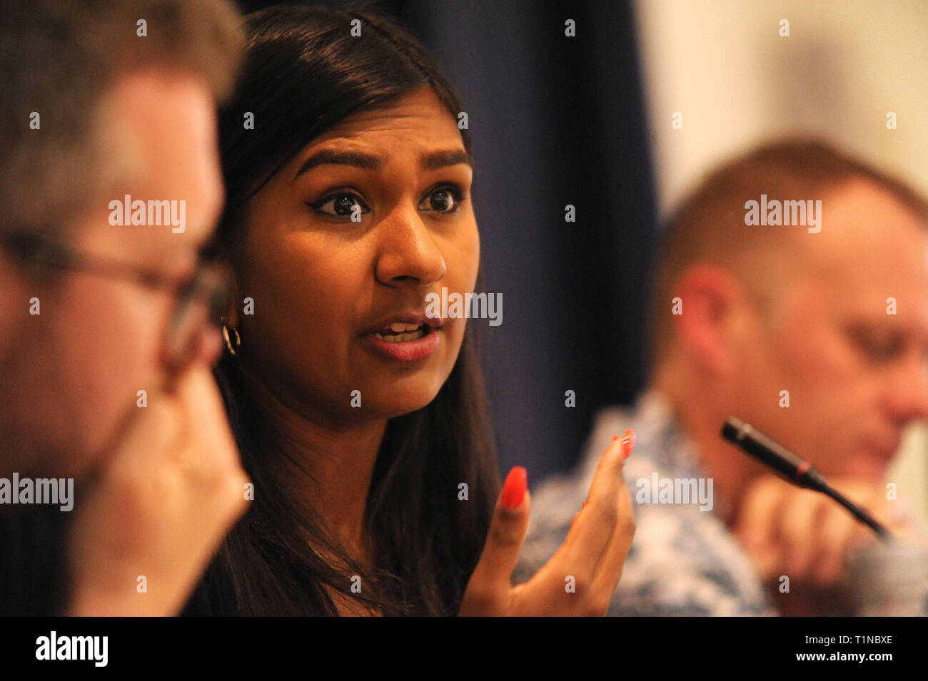 London, England. 16th March, 2019. Ash Sarkar, senior editor at Novara Media, writer, broadcaster, journalist and lecturer, speaking during session, ' Stock Photo