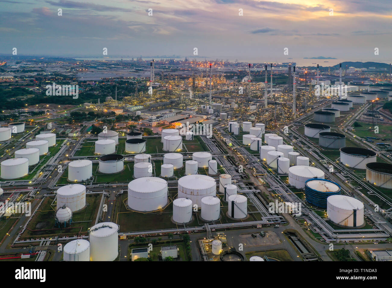 Aerial view of Oil and gas industry - refinery at twilight Stock Photo ...