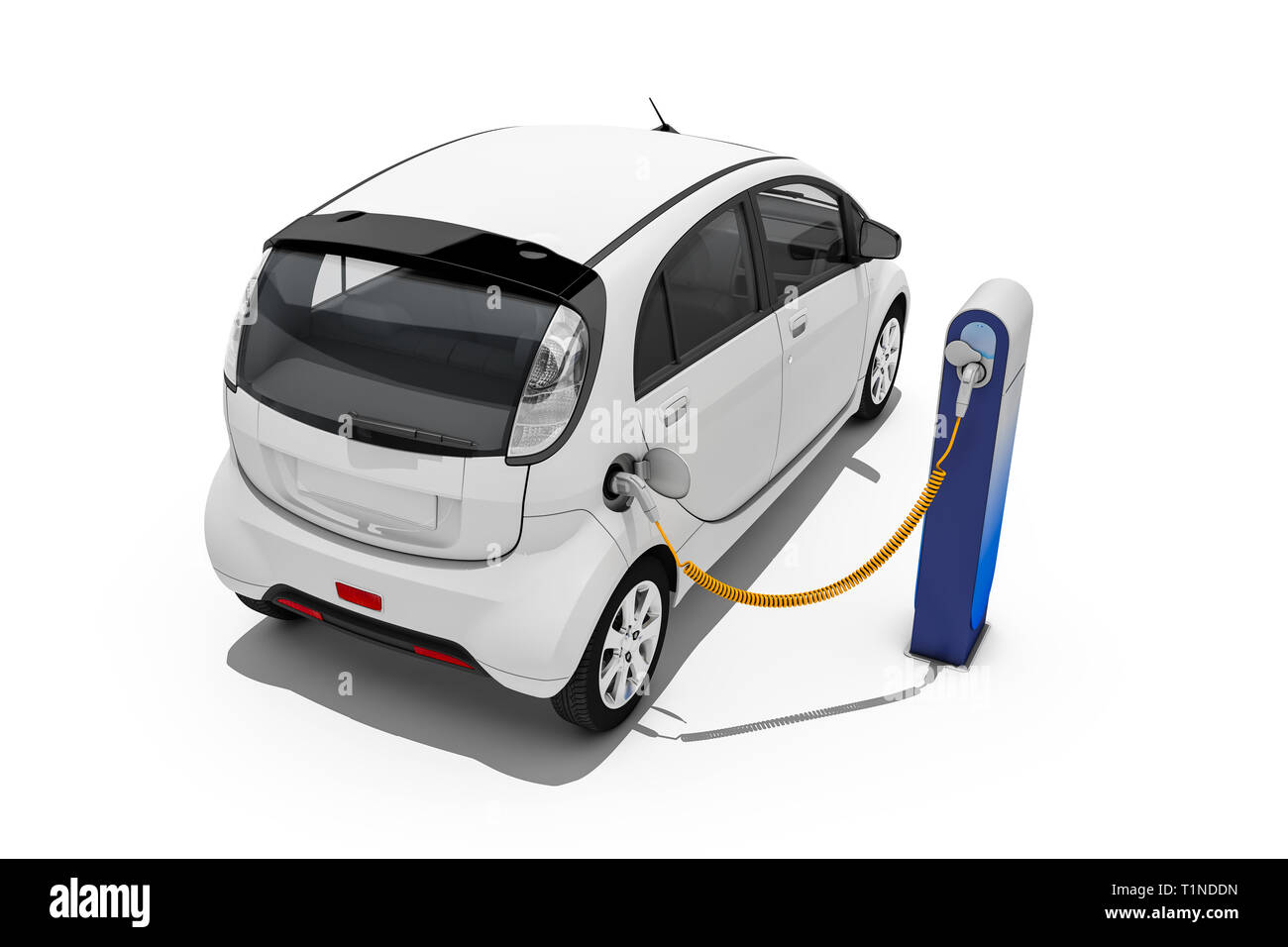 3d rendering of Electric car or vehicle at charging station charges battery for ecological range and uses sustainable energy Stock Photo