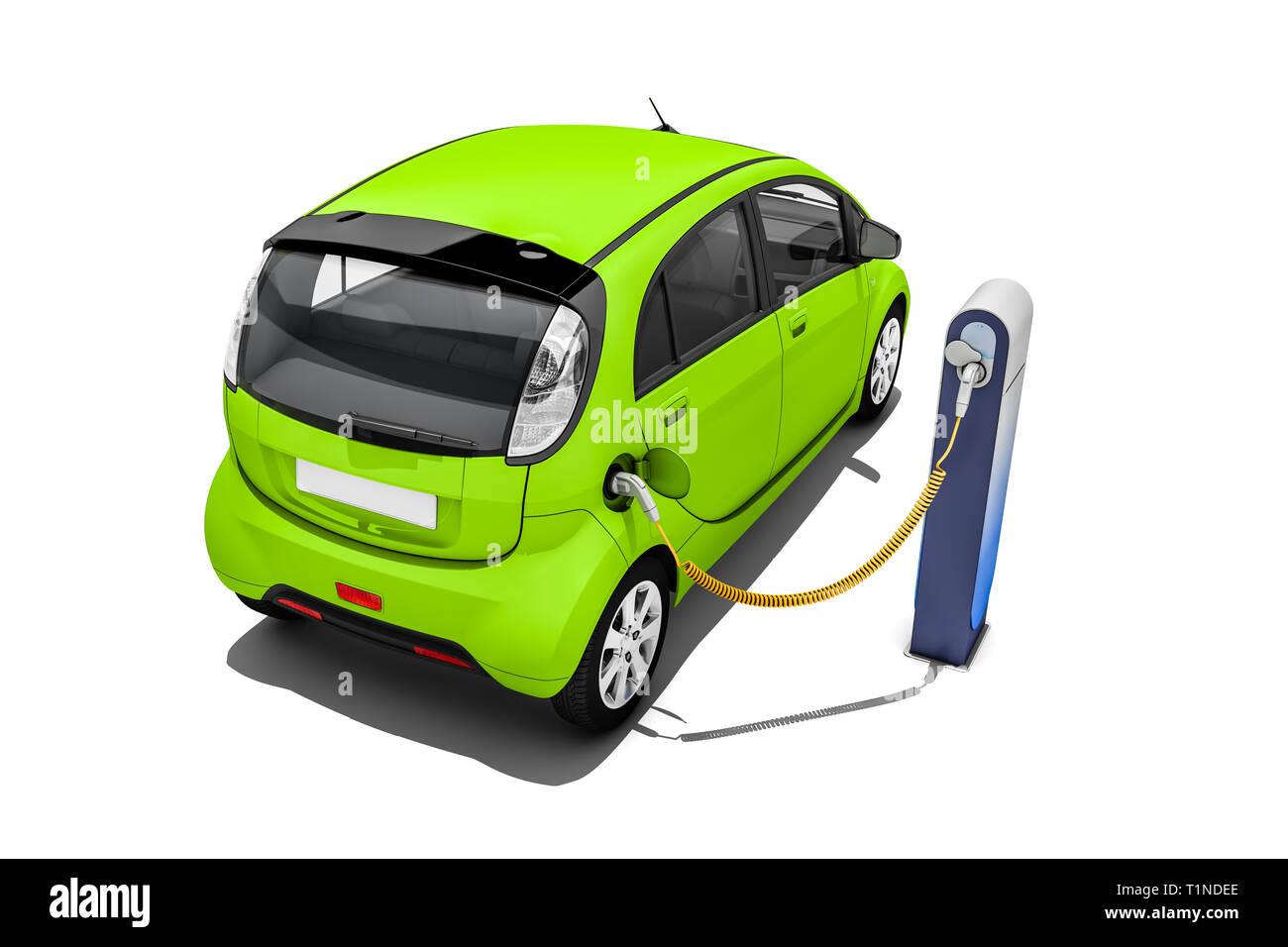 3d rendering of Electric car or vehicle at charging station charges battery for ecological range and uses sustainable energy Stock Photo