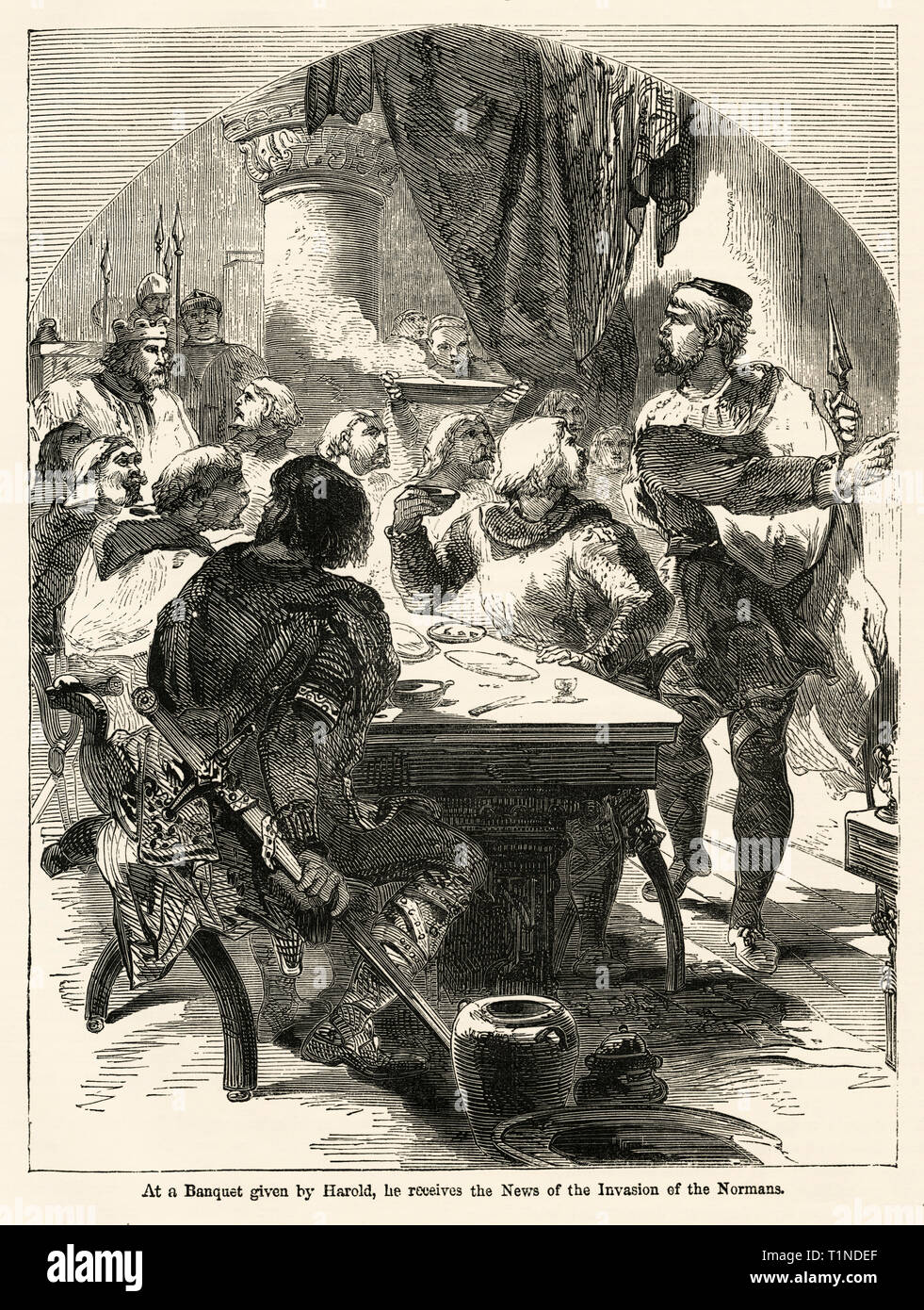 At a Banquet given by Harold, he receives the News of the Invasion of the Normans, Illustration from John Cassell's Illustrated History of England, Vol. I from the earliest period to the reign of Edward the Fourth, Cassell, Petter and Galpin, 1857 Stock Photo