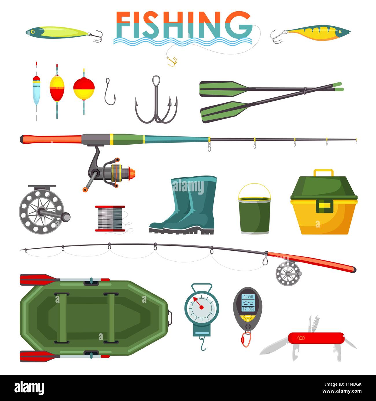 Set of isolated fishing items or equipment, rod Stock Vector Image