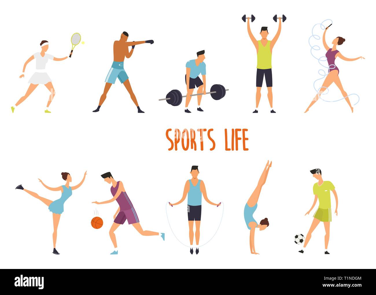 Set of isolated woman and man at sport exercise Stock Vector