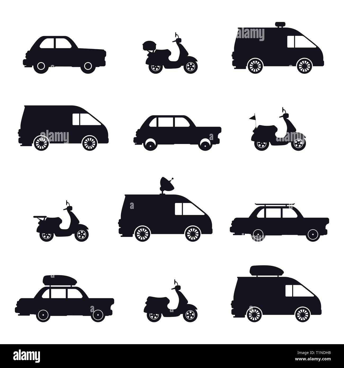 Silhouette of car and minibus, scooter and auto Stock Vector
