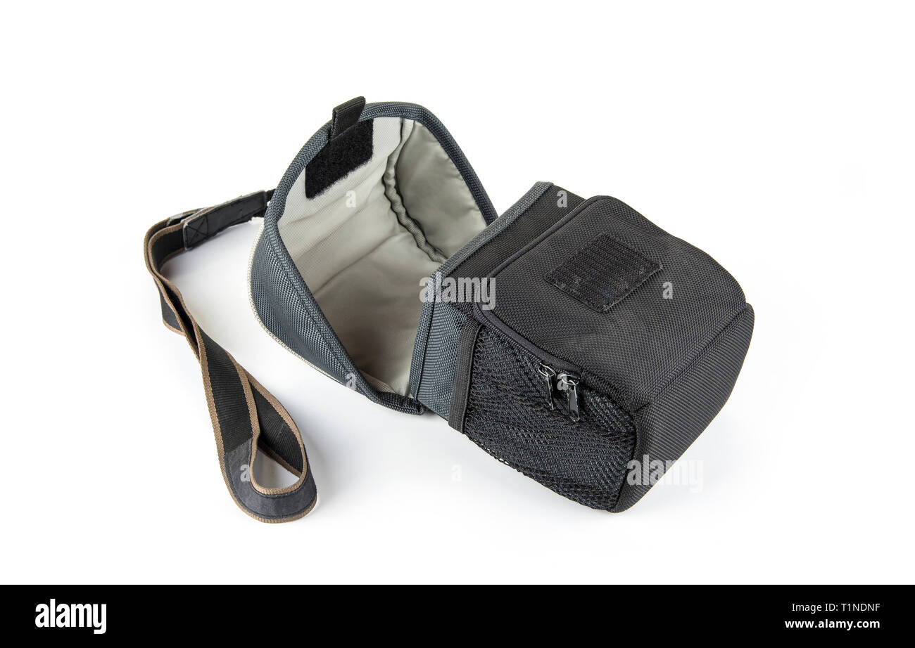 Camera case with a strap in a white Stock Photo