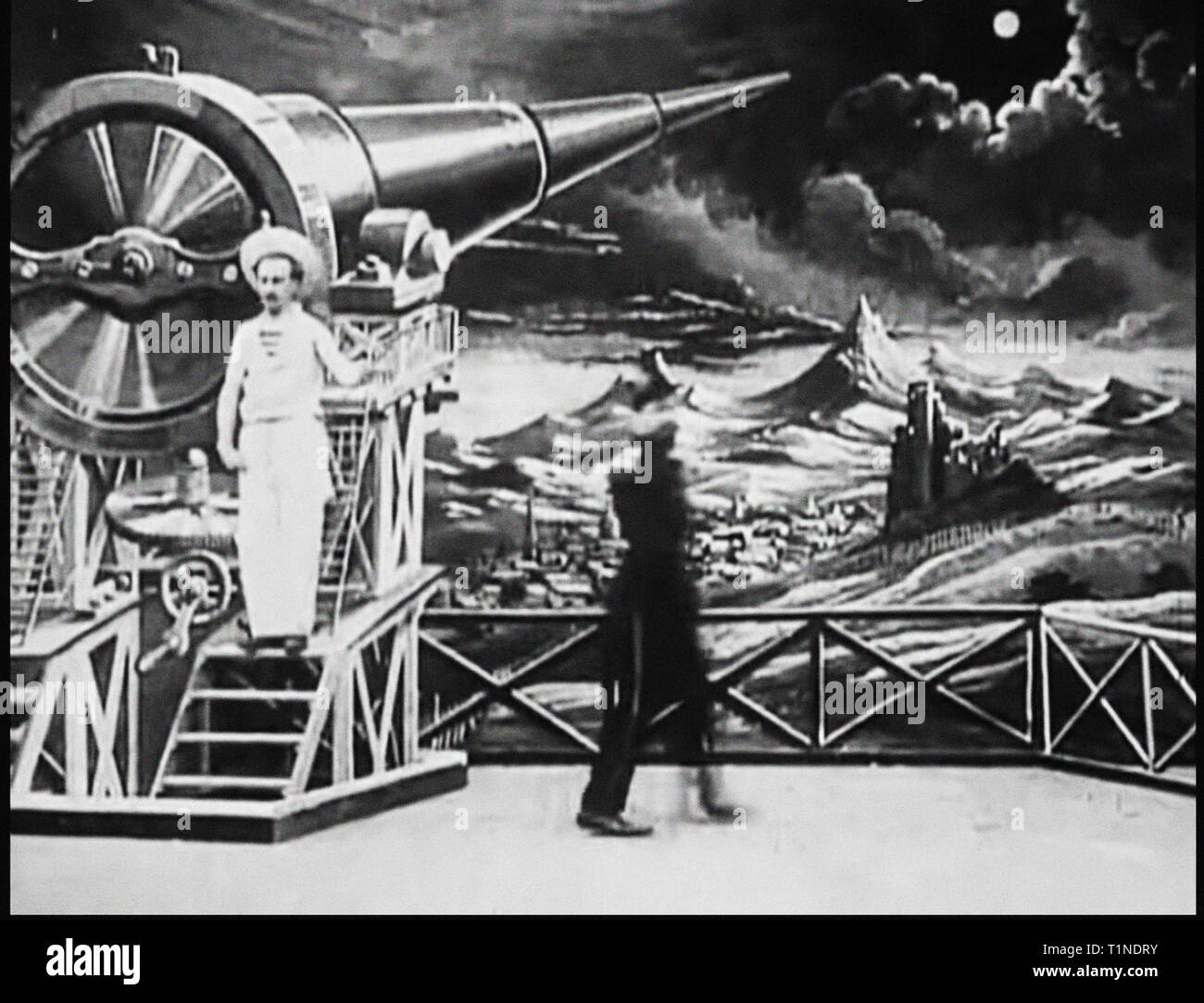 A Trip to the Moon (French: Le Voyage dans la Lune)[a] is a 1902 French adventure film directed by Georges Méliès. Inspired by a wide variety of sources, including Jules Verne's novels From the Earth to the Moon and Around the Moon, the film follows a group of astronomers who travel to the Moon in a cannon-propelled capsule, explore the Moon's surface, escape from an underground group of Selenites (lunar inhabitants), and return to Earth with a captive Selenite. It features an ensemble cast of French theatrical performers, led by Méliès himself in the main role of Professor Barbenfouillis, and Stock Photo