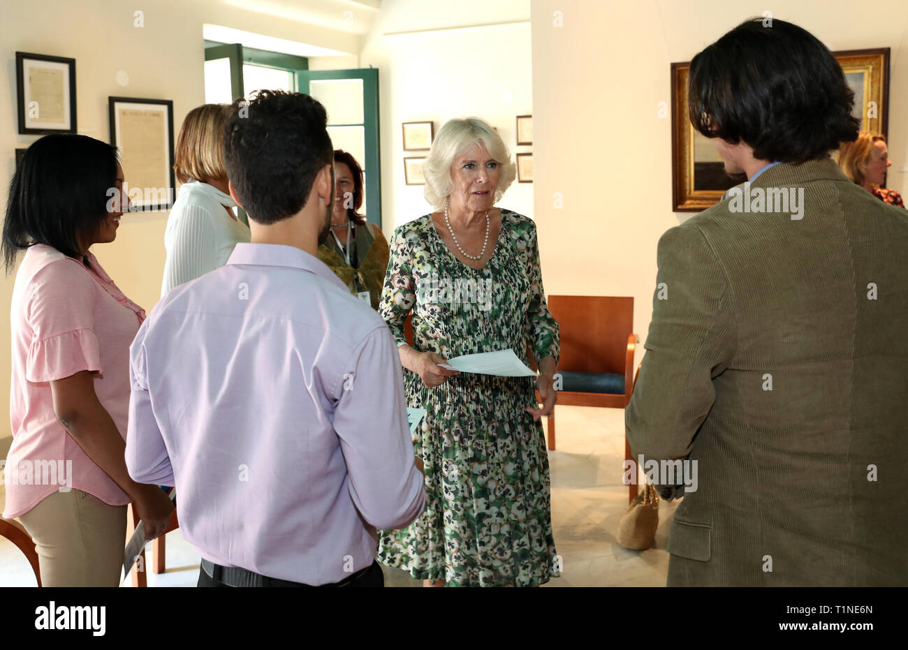 The Duchess of Cornwall meets organisers and winners of the English language essay competition "Bridges between Cuba and the UK" ahead of a reception at the Palacio de los Capitanes Generales in Havana, Cuba. Stock Photo