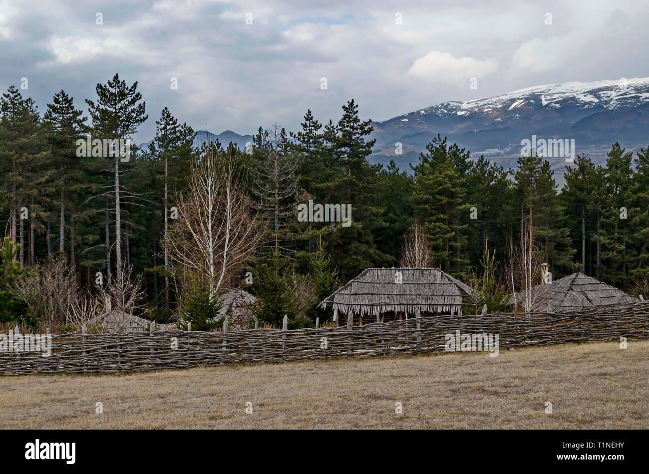 Archaeological park Topolnitsa with neolithic houses reconstruction for relax and traditional celebrate near village Chavdar, Sofia, Bulgaria, Europe Stock Photo