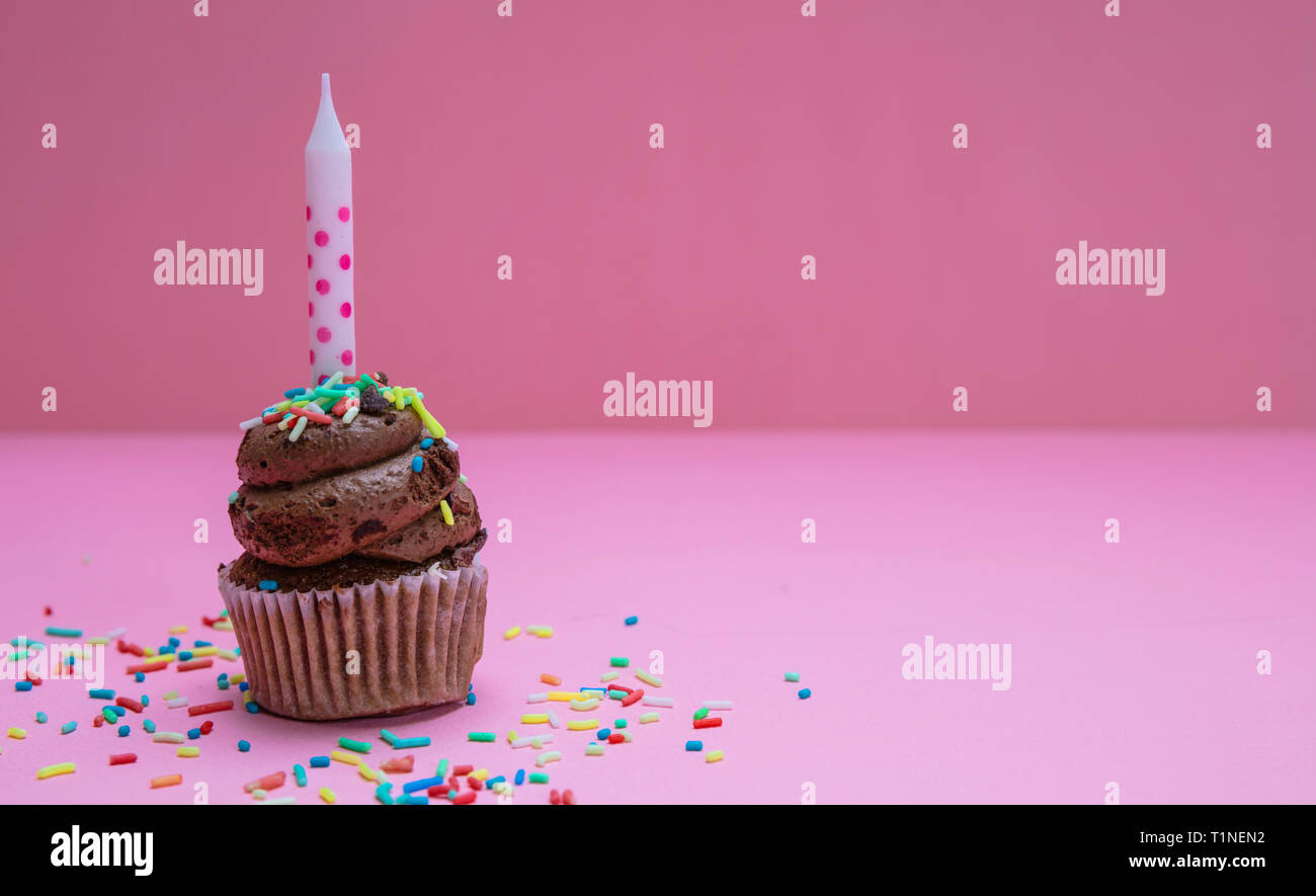 Birthday cupcakes on pink pastel background. Cupcake chocolate with one candle, copy space. Stock Photo